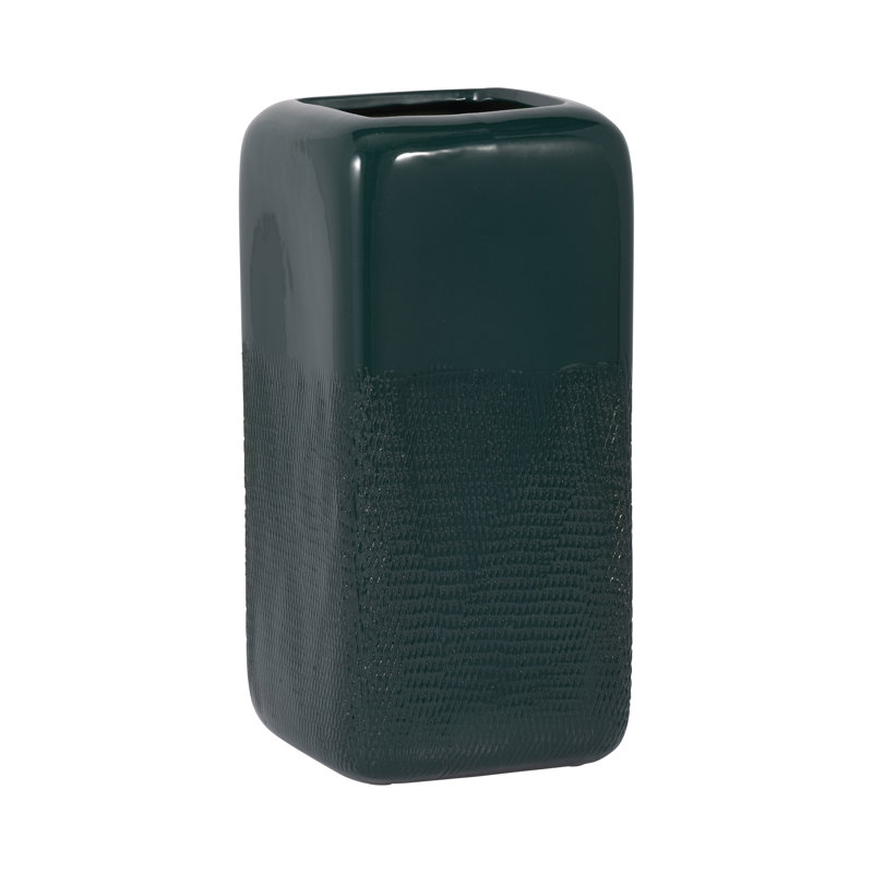 Stoneware Ceramic Vase with Textured Body and Rounded Rim Design, Green, 12" H x 6" W x 6" D