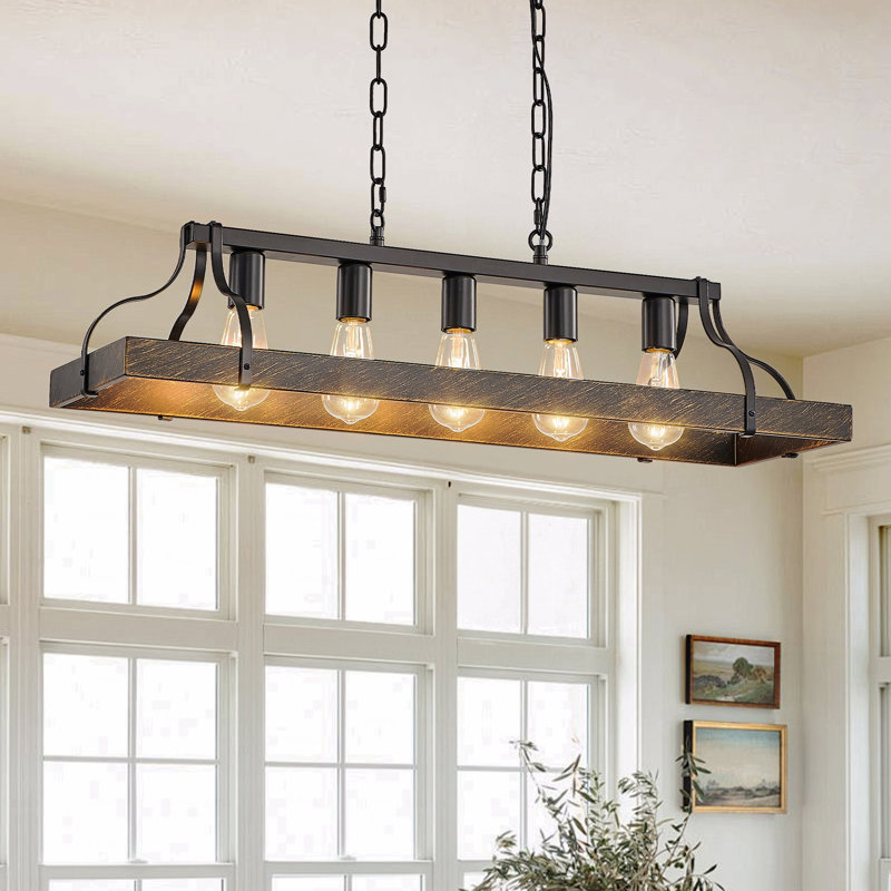 Lustre - Luminaire suspendu rétro au fini doré de 34 pouces, 5 douilles E26, avec fonction de hauteur de chaîne réglable - Style antique