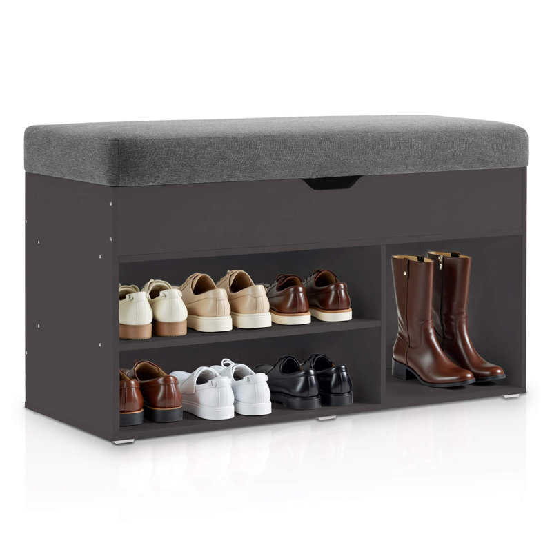 7 Pair Shoe Storage Bench with Cushion, 37" Width Entryway Shoe Bench with Hidden Storage, Dark Brown
