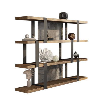 Cid Brow 4 Tier Bookshelf, Black Stainless Steel W Glass Back, 71 Inch