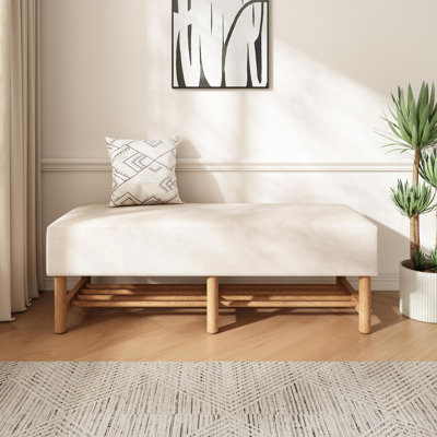 Banc rectangulaire rembourré en lin mélangé avec pieds en bois d'hévéa et tablette de rangement ouverte inférieure, pouf beige rembourré pour chambre, salon et coiffeuse