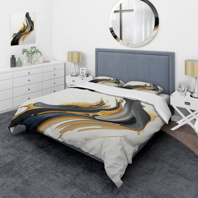 Black, White And Gold Liquid Art II Microfiber / Polyester Duvet Cover SetMicrofiber / Polyester Duvet Cover Set