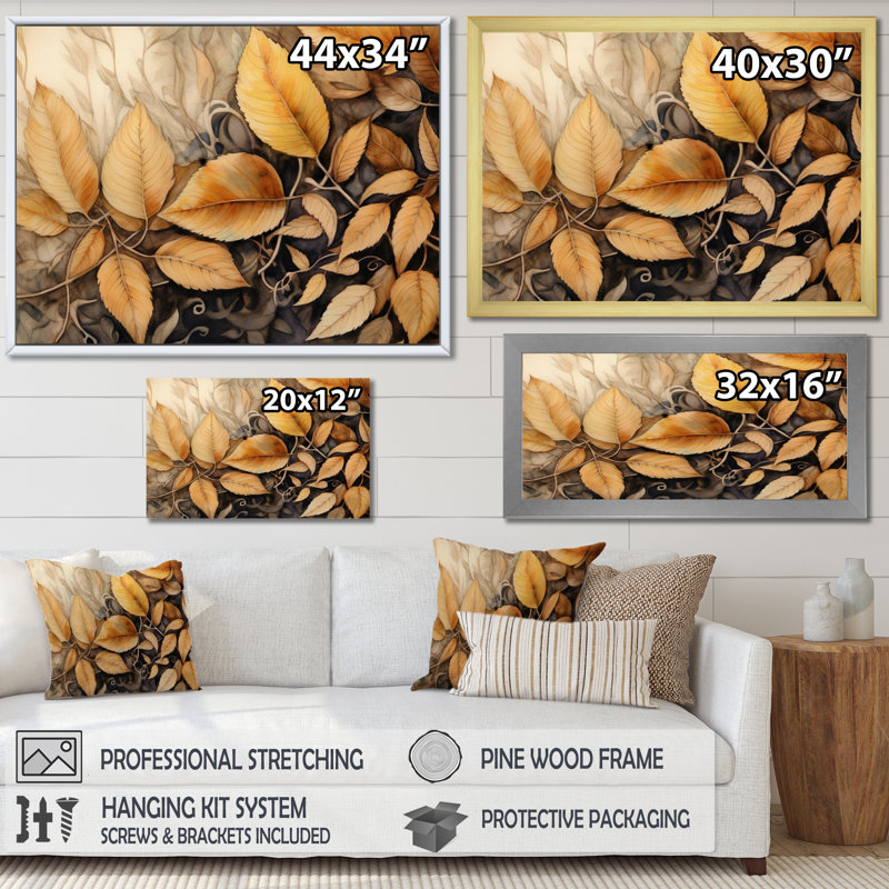 «Brown Beige Leafs Harmony II», reproduction sur toile, H 24 po x l 32 po x P 1 po, Cadre naturel flottant