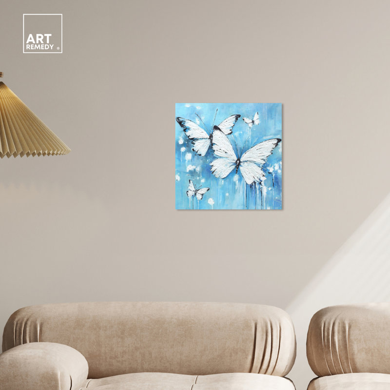 Textured Blue and White Butterflies 16" x 16" Wrapped Canvas Wall Art