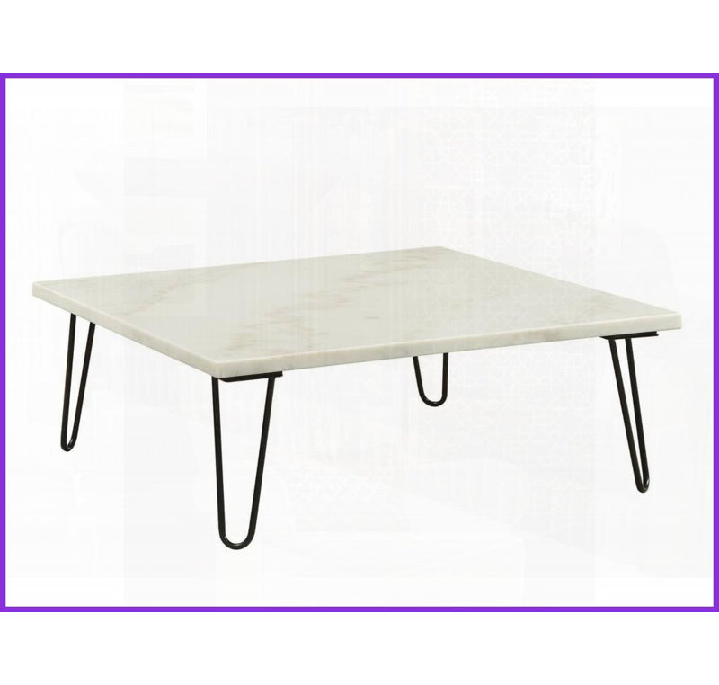 Table basse de salon en marbre blanc moderne avec pieds noirs en forme de V, facile à assembler