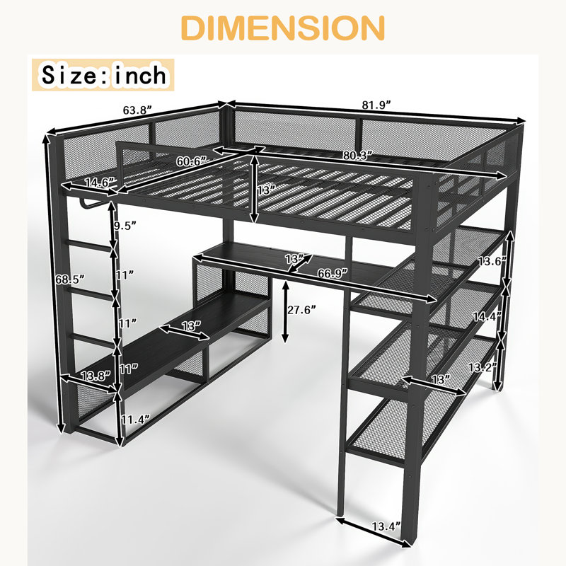 Grand lit mezzanine avec tablettes de rangement