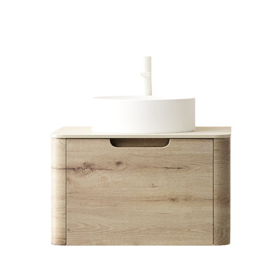 Meuble-lavabo mural de 24 po pour salle de bain, lavabo vasque rond en céramique blanc, comptoir en pierre frittée romaine, salle de bain pré-assemblée avec teinture avec rangement, comptoir à motif lisse, finition chêne