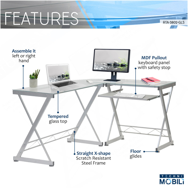 Bureau d'ordinateur en verre trempé avec panneau coulissant en verre trempé Techni Mobili, transparent