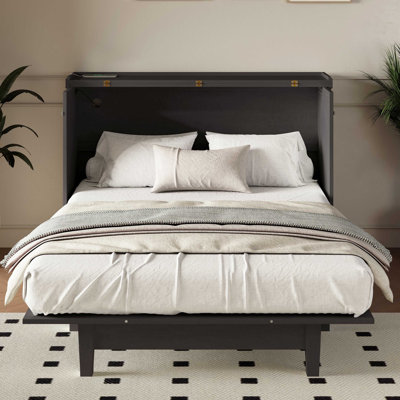 Farmhouse Style Solid Pine Wood Murphy Bed Chest Cube Cabinet Bed With Charging Station And Large Storage Drawer For Home Office Or Small Room
