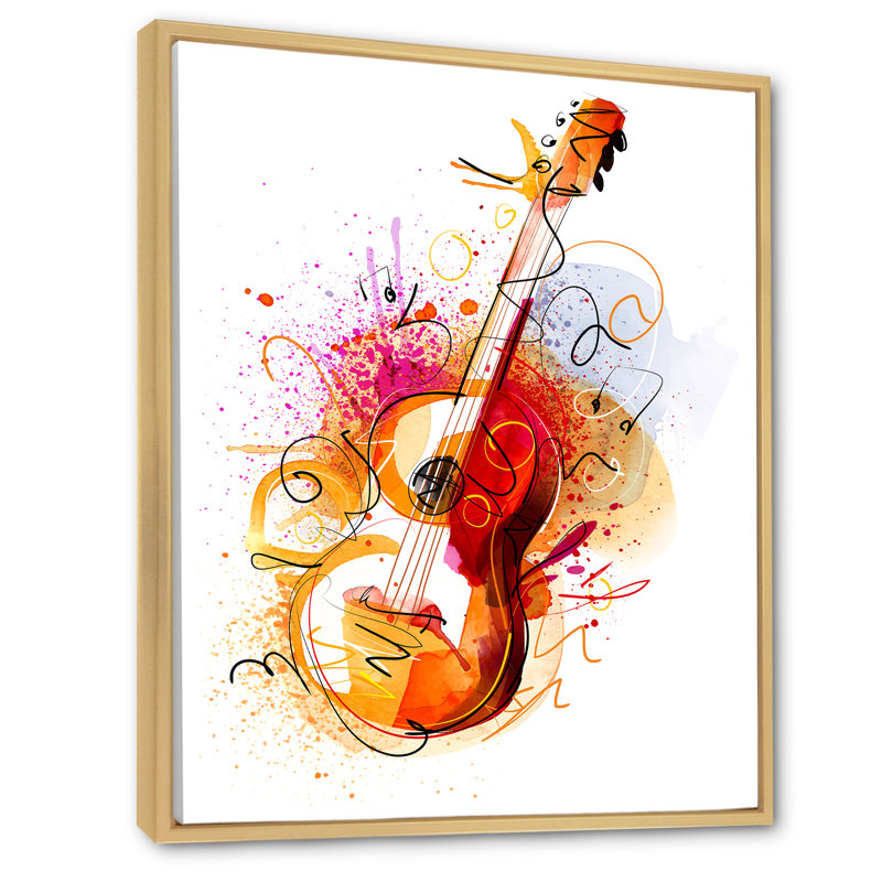 Musique, guitare, dessin abstrait - peinture, H 12 po x l 8 po x P 1 po, Cadre naturel flottant