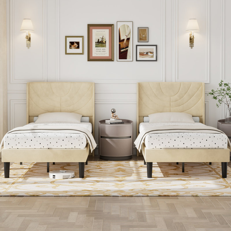 Rehnuma Twin Bed Upholstered Platform with Headboard and Strong Wooden Slats, Beige