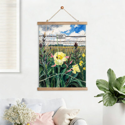 Fleurs sauvages dans un champ, art mural à volutes suspendues, cintre en bois intégré, l 16 x L 24