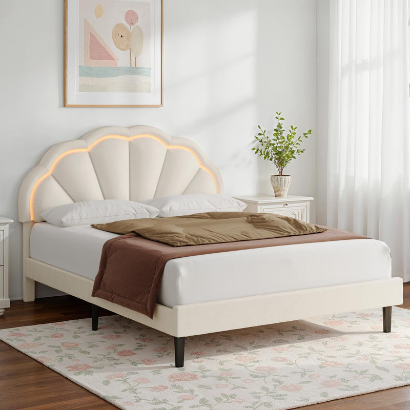 Aisaiah Velvet Upholstered Platform Bed with LED Headboard and Storage, Full, Off White