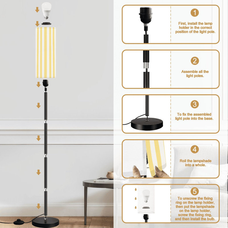 Lampe sur pied à rayures verticales verticales jaunes et blanches à intensité variable avec télécommande et interrupteur au pied avec abat-jour