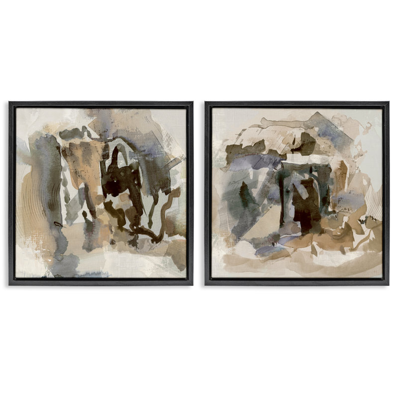 Abstract Neutral Chaos 2 Piece Framed Floater Canvas Set, design by Susan Jill, Jet Black Floater Frame, 18" H x 18" W