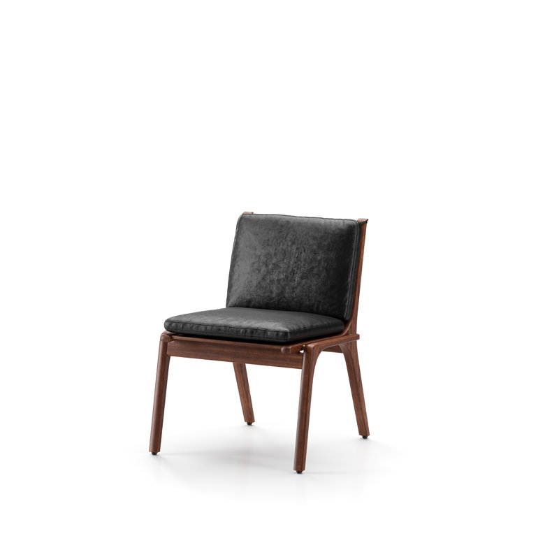 Ren 18.5 " H Genuine Leather Upholstered Oak Solid Wood Side Chair, Natural Walnut