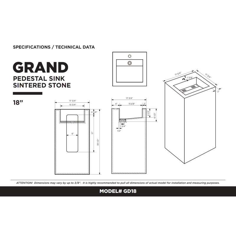 Fine Fixtures Stone Square Pedestal Bathroom Sink, Black