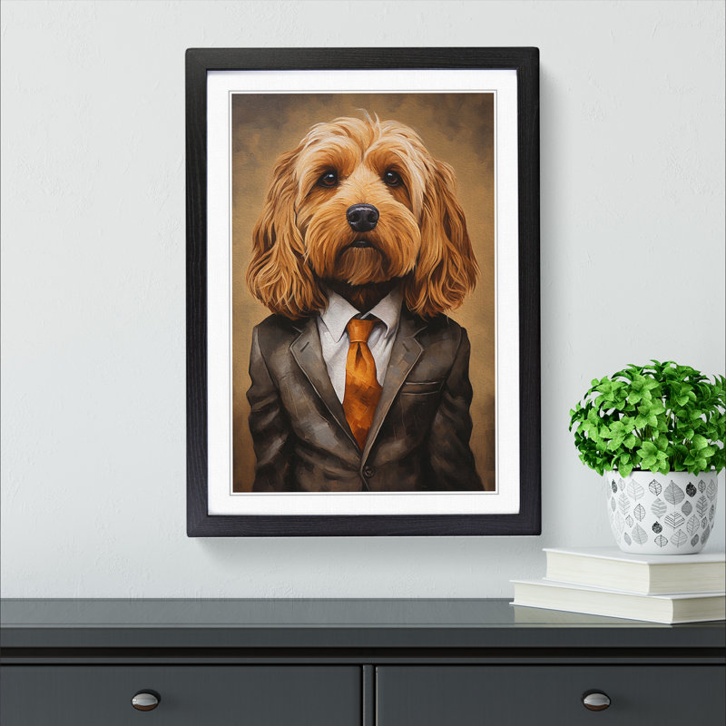 Cockapoo In A Suit Painting No.2 - Single Picture Frame Print on Wood, 64cm H x 46cm W x 2cm D, Black Framed