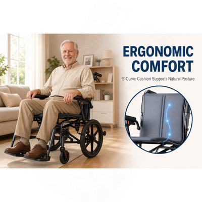 Adult Wheelchair, 16-inch Ergonomic Foldable Aluminum Transport Wheelchair with Flip-Up Armrests and Brakes