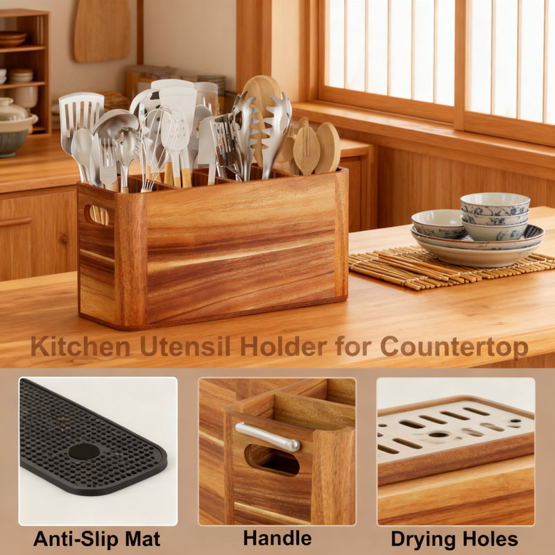 Wood Utensil Holder For Kitchen Counter, Extra Large 4-Compartment Countertop Organizer For Spatulas And Cooking Tools Storage