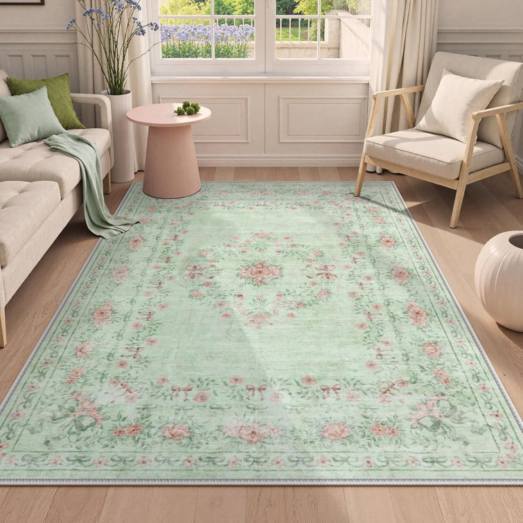 Kaldi Floral Bow Washable Area Rug, Soft Non-Slip Ultra-Thin Vintage Floral Carpet for Living Room, Bedroom & Nursery