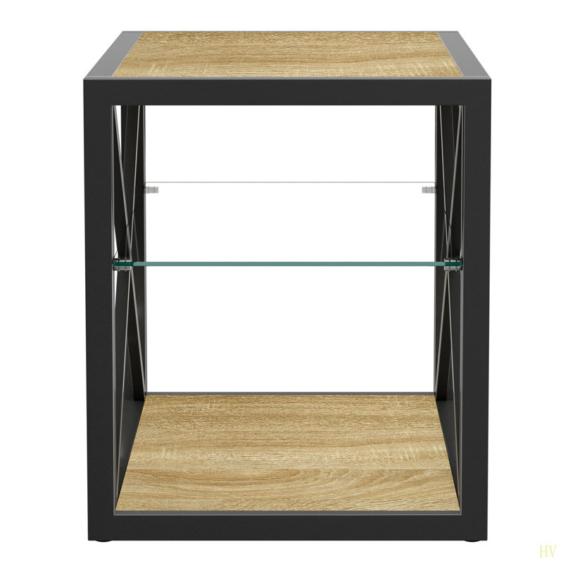 1 Piece Modern End Table Nightstand For Bedroom & Living Room, Tempered Glass Wood MDF Top , Industrial Style Side Table