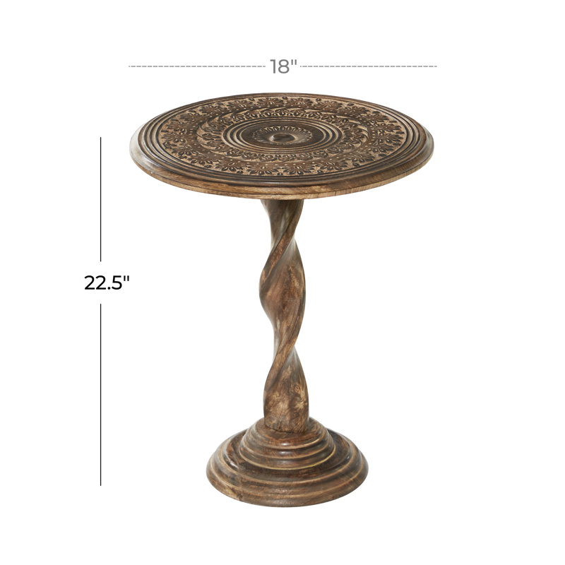 Brown Mango Wood Handmade Intricately Carved Floral Side End Accent Table with Spiral Leg and Elevate Base