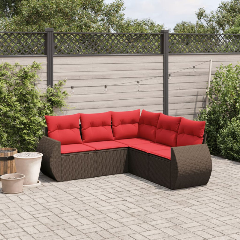 6 Piece Patio Sofa Set With Cushions Brown Poly Rattan, Red Cushion/Brown Frame