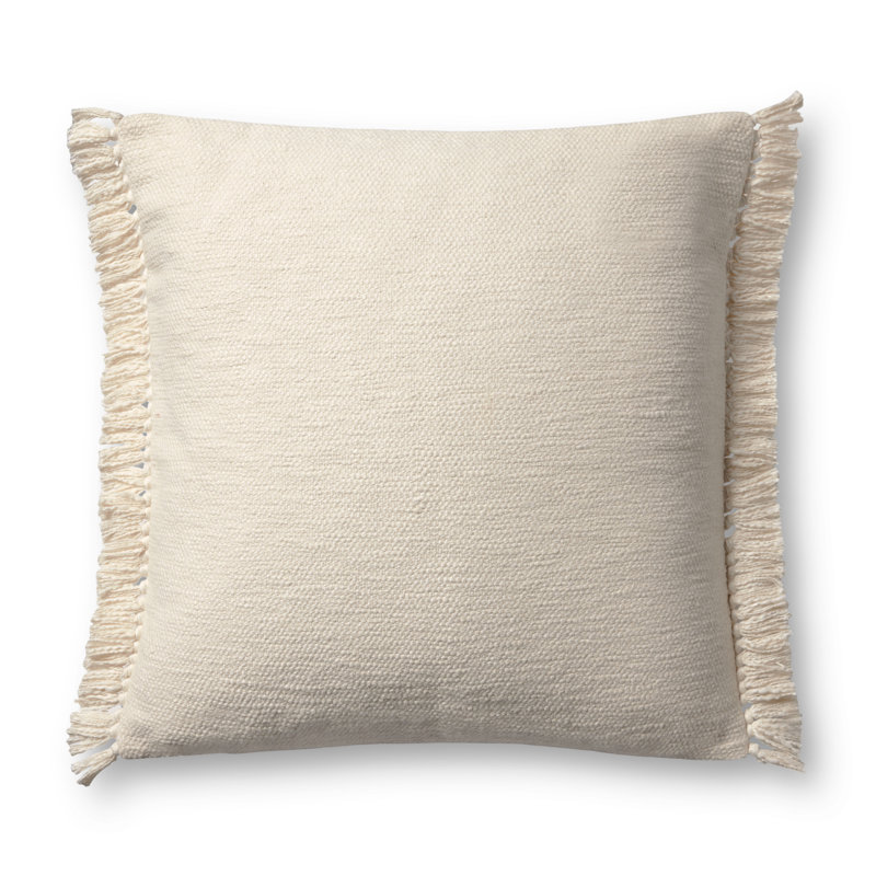 Ivory Round Cotton Blend Pillow with Tassel Fringe, 22" x 22"