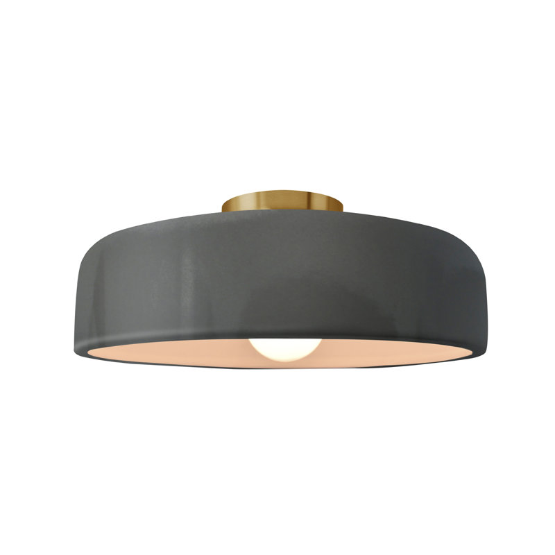 Plafonnier semi-encastré en céramique Dottie, Gris brillant, Laiton brossé, H 6 po x l 13 po x P 13 po