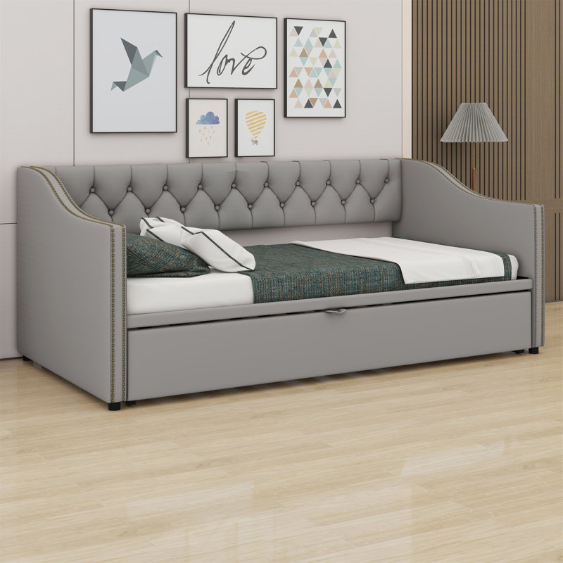 Twin Size Upholstered Daybed With Pop Up Trundle, Gray