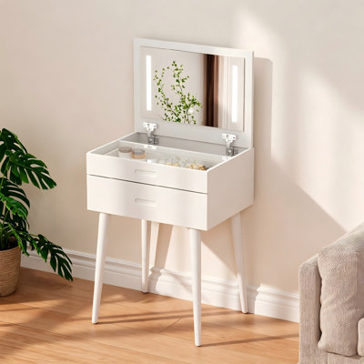 Coiffeuse en bois massif avec miroir lumineux à DEL, plateau en verre et 2 tiroirs, blanc