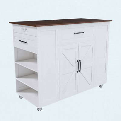 46" Kitchen Island on Wheels with Storage & Power Outlet - Movable Rustic Breakfast Bar Table, Wood Top with Adjustable Shelf & Drawer for Kitchen Dining Living Room, White