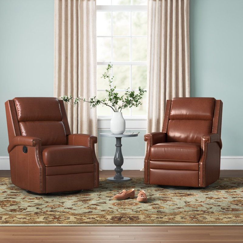 Fauteuil inclinable berçant manuel pivotant de 29,6 po Manning, Cuir fleur brun