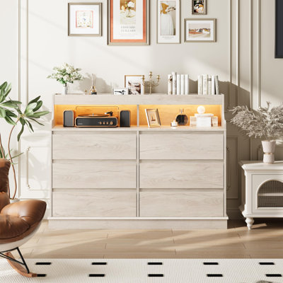 Commode 6 tiroirs avec lumières à DEL RVB et station de charge, coffre de rangement large avec tablette ouverte pour le salon de la chambre à coucher