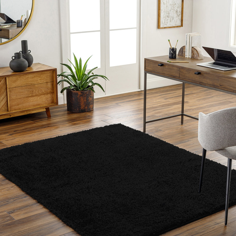 Black Modern Shaggy Rug, Plain Anti Slip Easy to Clean Rug For Living Room, Dining Room, Bedroom, Kitchen