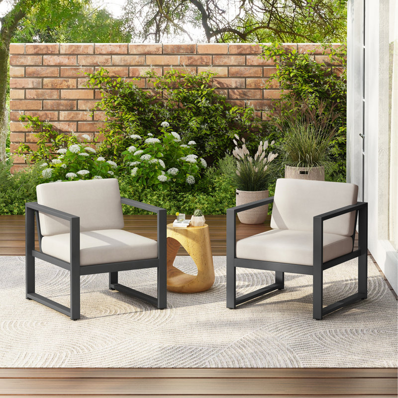 Navan Outdoor Patio Club Chair, Set Of 2, Black Frame With Beige Cushion, Beige