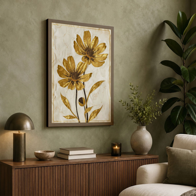 Golden Study Botanical - Wrapped Canvas, 36x24 - 91.4 x 61.0 cm, Teal Border