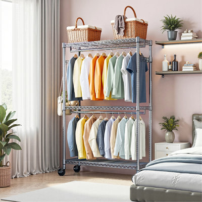 Portant à vêtements robuste à 3 niveaux avec 2 tringles et crochets latéraux, étagère à vêtements avec roulettes P 15,7 po x l 45,3 po x H 79,6 po