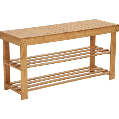 Slatted Bamboo Entryway Bench with Dual Shelves