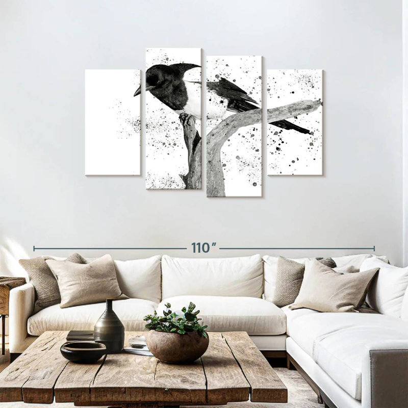 Oiseau noir et blanc Brampt, H 48 po x l 75 po