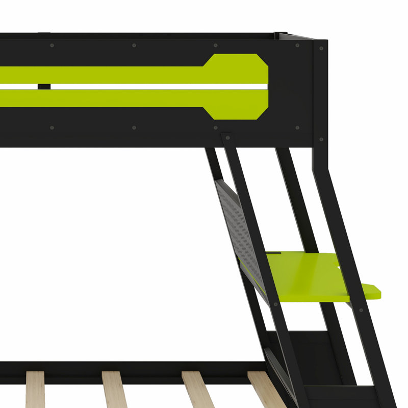 Lit superposé double pour bureau avec ports USB et rangement perforé, Lit simple, Noir/vert