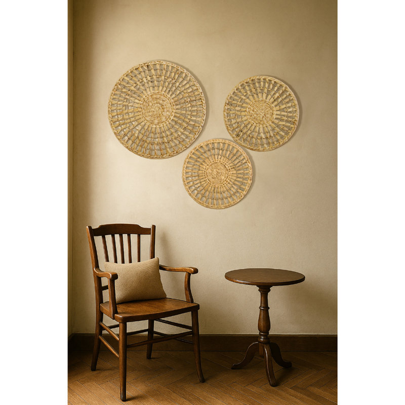 Ensemble de 3 décorations murales en fibre naturelle tissée à la main - motif circulaire bohème naturel, Rayon étoile