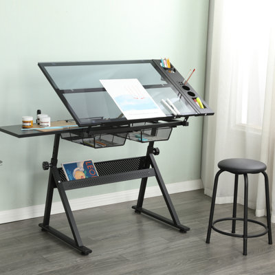 adjustable tempered glass drafting printing table with chair