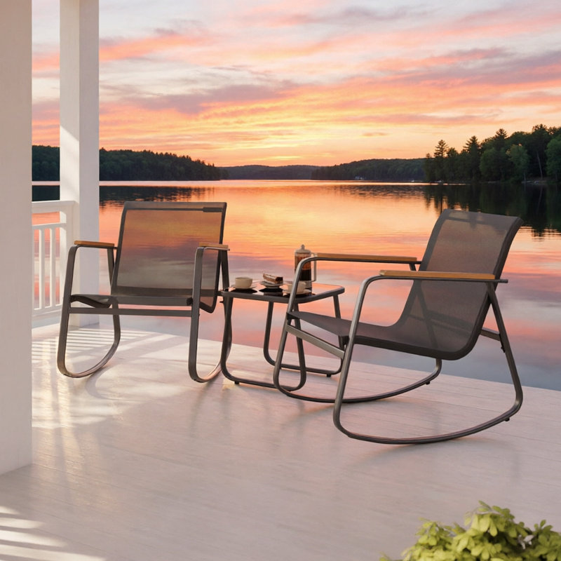 3-Piece  Outdoor Patio Conversation Rocking Set With Table，Seating Group, Black