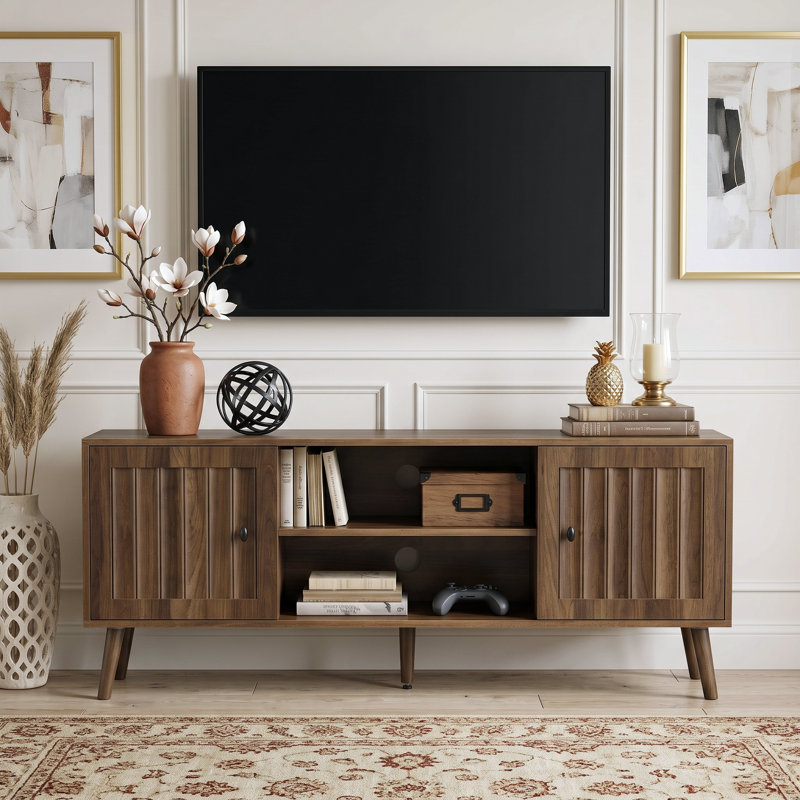Mid-Century Modern 55" TV Stand For Tvs Up To 65 Inch, Wood Entertainment Center With Storage Cabinets, Adjustable Shelves And Cable Management, Walnut