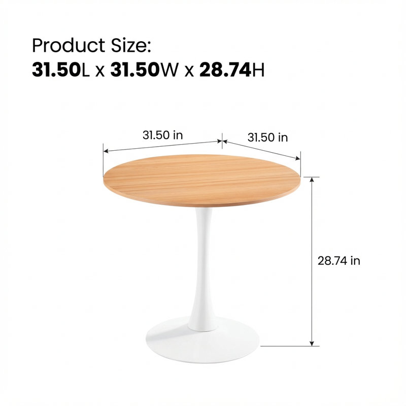 Table de salle à manger Mid-Century, Blanc, H 28,74 po x L 31,5 po x l 31,5 po, Chêne