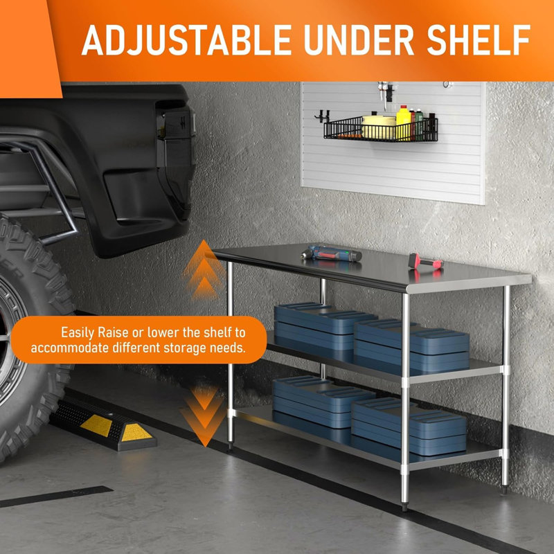 Stainless Steel Table with 2 Adjustable Shelf, 34" H x 60" L x 24" W