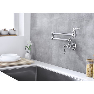Wall Mounted Folding Pot Filler Faucet, Arm For User- And Convenient Use, Double Handles To Adjust Water Output, Corrosion Finish, Brass Kitchen Mount With Arm, Effective Management,