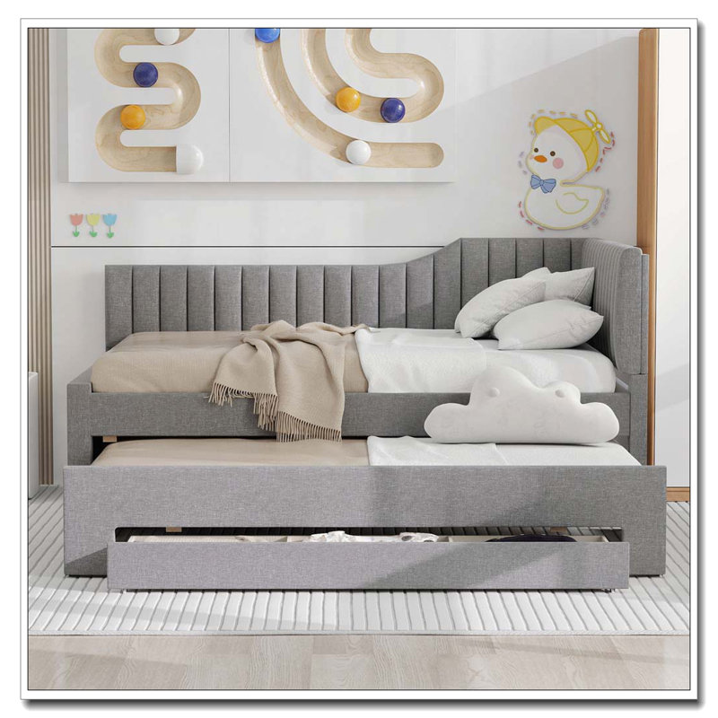 Upholstered Daybed with Trundle and Three Drawers, Full/Double, Gray